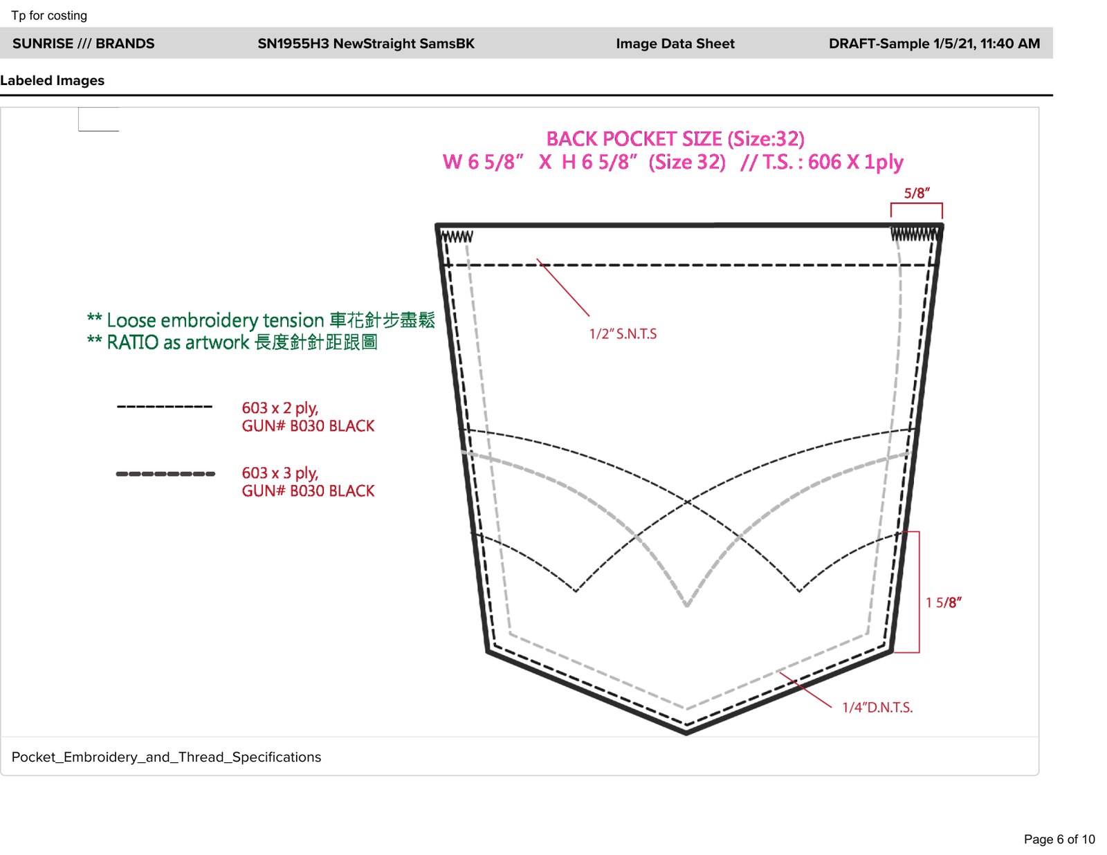 Pocket embroidery & thread specification