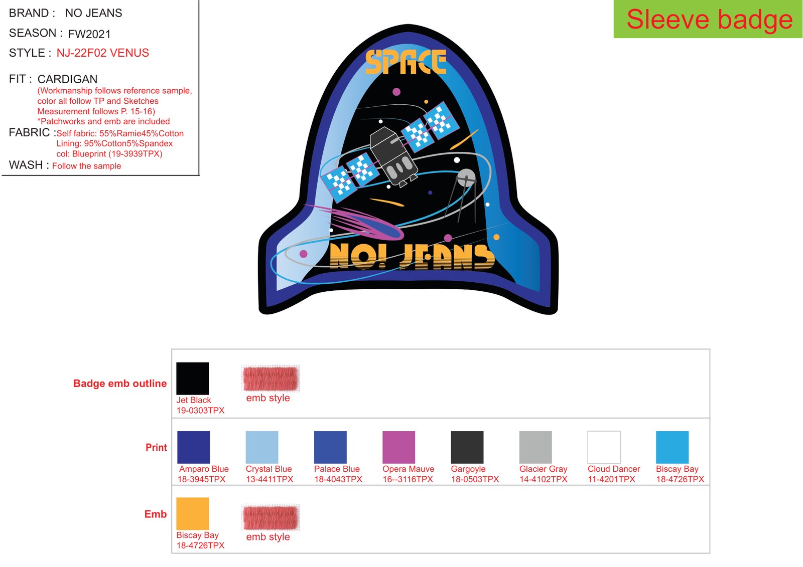 Sleeve badge: “SPACE NO! JEANS”