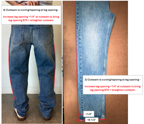 Outseam curving at leg opening; +¼" correction mapped